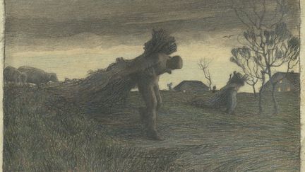 Comme Jean-François Millet, Giovanni Segantini dessine des gestes de travailleurs, répétés et multipliés, les magnifiant et en faisant des symboles de la condition humaine. Avec ces porteurs de fagots à la tombée du jour, il transporte un sujet du réel dans l'univers du rêve.
 (RMN-Grand Palais (musée d’Orsay) / Hervé Lewandowski)