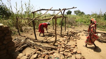 De retour dans leur village de Shattaya, à 150 km de Niyala, la capitale du Darfour-Sud, des femmes travaillent à construire une maison avec des troncs et des branches, le 10 octobre 2019. (ASHRAF SHAZLY / AFP)