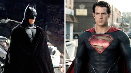 Batman et Superman dans de précédentes incarnations cinématographiques : Christian Bale ("Batman begins", 2005) et récemment Henry Cavill ("Man of Steel", 2013), qui conservera sa cape pour le futur choc entre les deux super-héros...
 (Photo12.com /The Picture Desk / AFP)