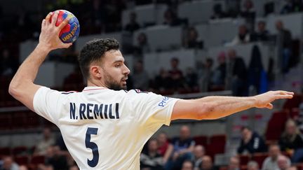 Le Français Nedim Remili lors du quart de finale du Mondial contre l'Allemagne, à Gdansk (Pologne), le 25 janvier 2023. (JANEK SKARZYNSKI / AFP)