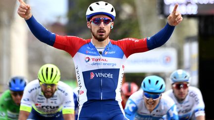 Niccolo Bonifazio, vainqueur de la cinquième étape de Paris-Nice, le 12 mars 2020. (ALAIN JOCARD / AFP)
