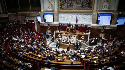 Les députés siègent à l'Assemblée nationale, le 14 février 2024. (MATHILDE KACZKOWSKI / HANS LUCAS / AFP)