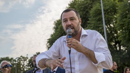 Matteo Salvini, ministre de l'Intérieur italien, lors d'une prise de parole à Turin (Italie), le 15 juin. (MAURO UJETTO / NURPHOTO / AFP)