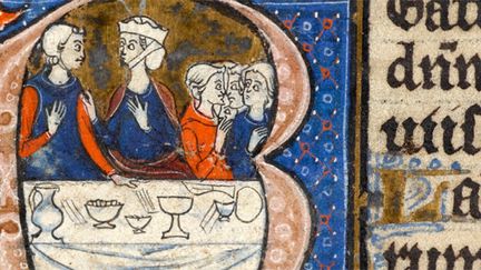 Une famille à table - Parchemin illustré. Paris 1270
 (University Library, MS. Ee.4.24, f.32va France, Paris c.1270)