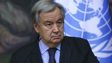 Le secrétaire général des Nations unies, Antonio Guterres, lors d'une conférence de presse à Moscou (Russie), le 12 mai 2021. (RUSSIAN FOREIGN MINISTRY PRESS O / ANADOLU AGENCY / AFP)