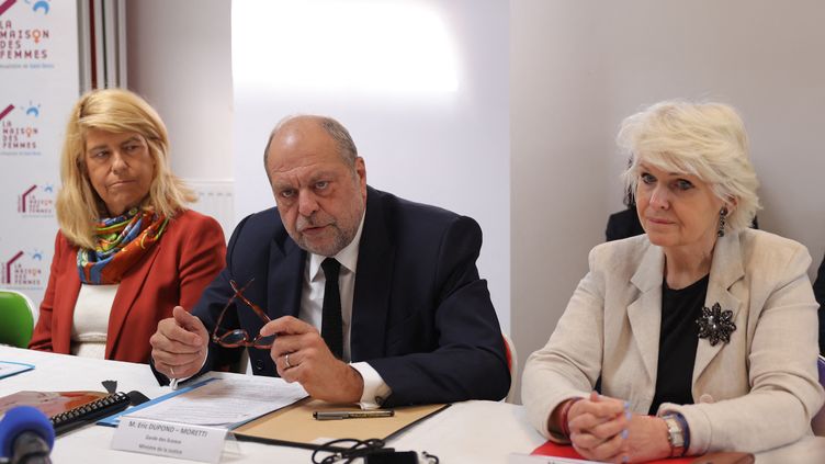 The Minister Delegate in charge of Territorial Communities and Rurality Dominique Faure (on the left), the Keeper of the Seals Eric Dupond-Moretti and the Minister Delegate in charge of Equality between Women and Men, Isabelle Rome, on May 22, 2023 in the Women's House in Saint-Denis (Seine-Saint-Denis).  (THOMAS SAMSON / AFP)