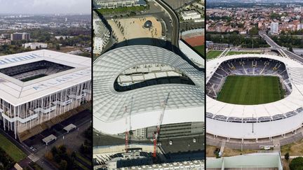 De gauche à droite : le Matmut Atlantique (Bordeaux), l'Orange Vélodrome (Marseille) et le Stadium (Toulouse) (ROBERT GRAHN / LIONEL BONAVENTURE / AFP)