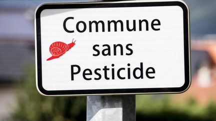 Un panneau indiquant "village sans pesticides" à Challes-les-Eaux le 17 aout 2017. (VINCENT ISORE / MAXPPP)