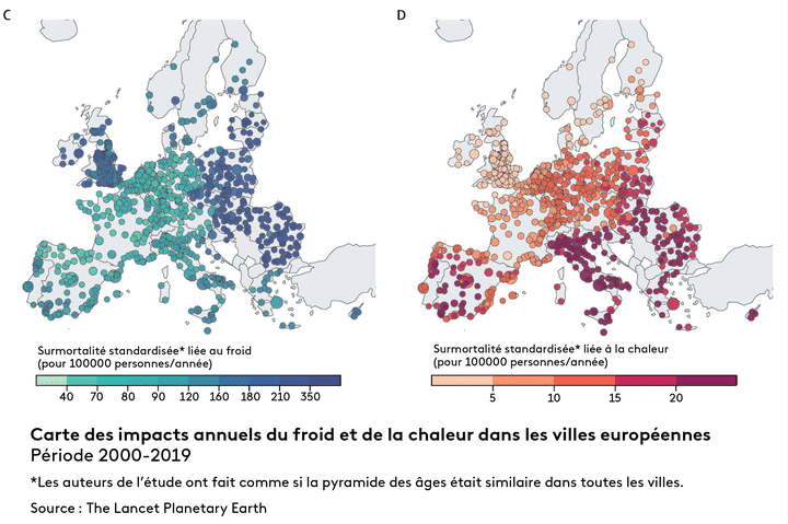 Carte des impacts annuels du froid et de la chaleur dans les villes européennes (The Lancet Planetary Earth)