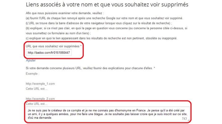 Capture d'&eacute;cran du formulaire de "droit &agrave; l'oubli" de Google. (YANN THOMPSON / FRANCETV INFO)