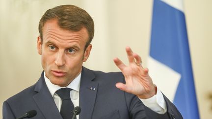 Emmanuel Macron, lors d'une conférence de presse à Helsinki, le 30 août 2018. (MAURI RATILAINEN / COMPIC)