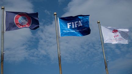 Des drapeaux flottent dans le ciel d'Istanbul, dont celui de la Fifa, au centre, le 6 mai 2020. (OZAN KOSE / AFP)