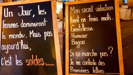 Deux messages "humoristiques" sexistes affichés devant le restaurant de Rueil-Malmaison.&nbsp; (FRANCEINFO / Captures d'écran)