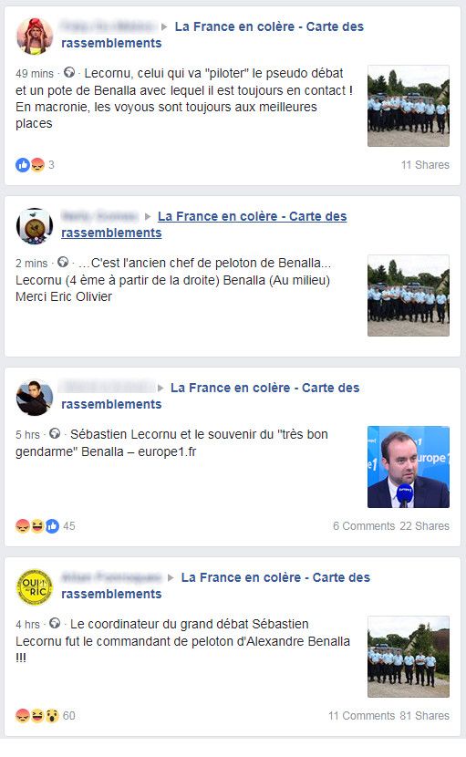 Capture d'écran de plusieurs messages au sujet de la nomination de Sébastien Lecornu, sur un groupe regroupant plusieurs centaines des milliers de "gilets jaunes".&nbsp; (FACEBOOK)