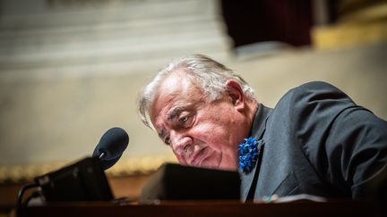 Le président du Sénat, Gérard Larcher, préside une séance publique de questions d'actualité au gouvernement dans l'hémicycle du Sénat, le 8 novembre 2023, à Paris. (XOSE BOUZAS / HANS LUCAS / AFP)