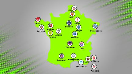 La carte de France des vingt clubs engagés dans le championnat de Ligue 1 de la saison 2022-2023. (HENRI LAURIANO / franceinfo: sport)