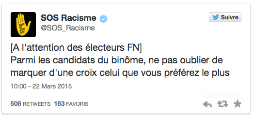 Ce tweet de SOS Racisme provoque la col&egrave;re du FN, le 22 mars 2015. (SOS RACISME / TWITTER)