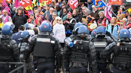 Des manifestants font face à des gendarmes lors d'une visite du président français à Savines-le-Lac (Hautes-Alpes) pour présenter le "plan eau", le 30 mars 2023. (NICOLAS TUCAT / AFP)