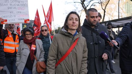 La secrétaire générale de la CGT, Sophie Binet, lors de la 12e journée de mobilisation contre la réforme des retraites le 13 avril 2023 (THOMAS SAMSON / AFP)