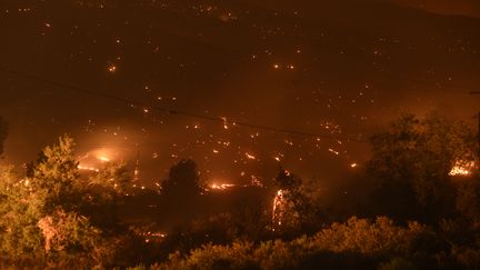 Des&nbsp;foyers constellent la rive du lac californien Hugues, le 13 août 2020. Le feu a détruit plus de 40km2 avant de se calmer dans la nuit.&nbsp; (NEAL WATERS / ANADOLU AGENCY / AFP)