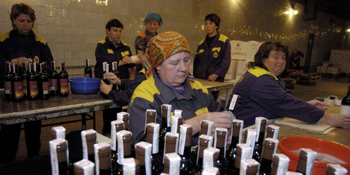 Des ouvrières de la cave de Milestii Mici, qui exporte aujourd'hui les meilleurs crus de l'époque soviétique. (VADIM DENISOV / AFP)