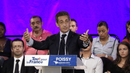  Nicolas Sarkozy lors d'un meeting de campagne &agrave;Poissy (Yvelines), le 6 septembre 2016. (PATRICK KOVARIK / AFP)