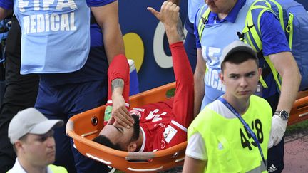 Le Tunisien&nbsp;Dylan Bronn face à la Belgique le 23 juin 2018 à Moscou (Russie). (MLADEN ANTONOV / AFP)