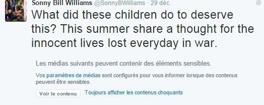 «Qu'on fait ces enfants pour mériter cela?...Des vies innoncentes se perdent tous les jours à cause de la guerre » (Capture d&#039;écran du tweet du joureur des All Black)