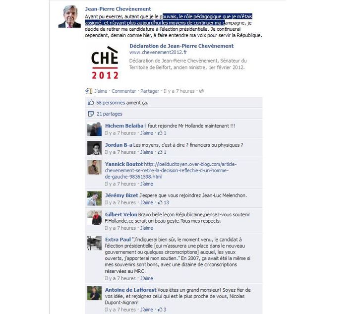 Capture d'écran de la page Facebook de Jean-Pierre Chevènement (DR)