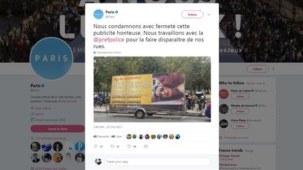 Un tweet de la mairie de Paris dénonçant la présence dans les rues de la ville d'une publicité pour un site de rencontre de "sugar daddies", le 25 octobre 2017. (@PARIS / TWITTER)