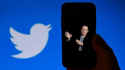 Une photo du milliardaire américain Elon Musk présentée devant le logo de Twitter, le 4 octobre 2022.&nbsp; (OLIVIER DOULIERY / AFP)