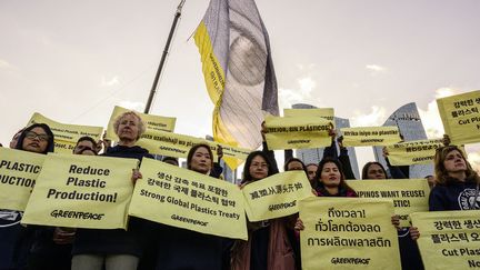 Des activistes de Greenpeace brandissent des pancartes sous un drapeau où est écrit "Gouvernements, le monde regarde, réduisez la production de plastique", le 24 novembre 2024, à Busan en Corée du Sud. (ANTHONY WALLACE / AFP)