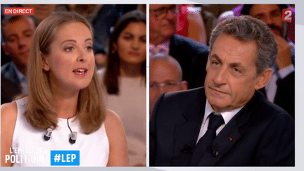 Charline Vanhoenacker face à Nicolas Sarkozy, le&nbsp;15 septembre 2016 sur le plateau de "L'Emission politique" sur France 2. (FRANCE 2)