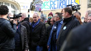 Les représentants syndicaux lors d'une journée de mobilisation contre la réforme des retraites, à Paris, le 19 mars 2023. (MICHEL STOUPAK / NURPHOTO / AFP)