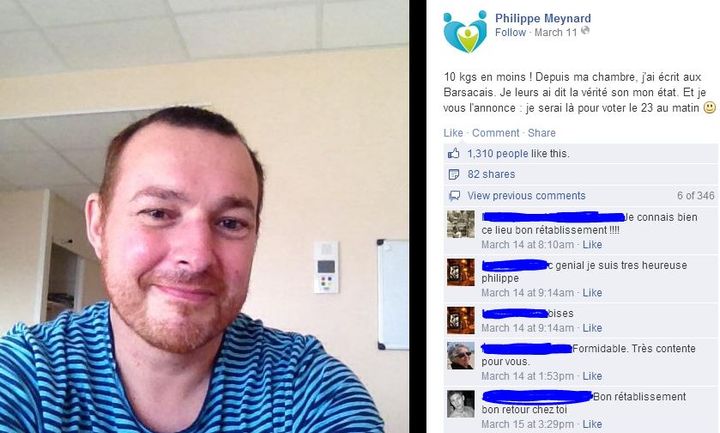 Capture d'&eacute;cran du message Facebook post&eacute; par Philippe Meynard depuis sa chambre d'h&ocirc;pital &agrave; Bordeaux, le 11 mars 2014. (FACEBOOK / PHILIPPE MEYNARD)