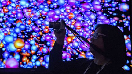 Une jeune femme filme des animations projet&eacute;es sur un &eacute;cran LG Ultra HD 3D install&eacute; au CES (Consumer Electronics Show)&nbsp;&agrave; Las Vegas (Nevada, Etats-Unis), le 8 janvier 2014. (JULIE JACOBSON / AP / SIPA)