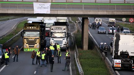 Des routiers manifestent contre l'&eacute;cotaxe le 2 d&eacute;cembre 2013 pr&egrave;s de Lille (Nord) sur l'autoroute A25. (CITIZENSIDE/THIERRY THOREL / CITIZENSIDE.COM)