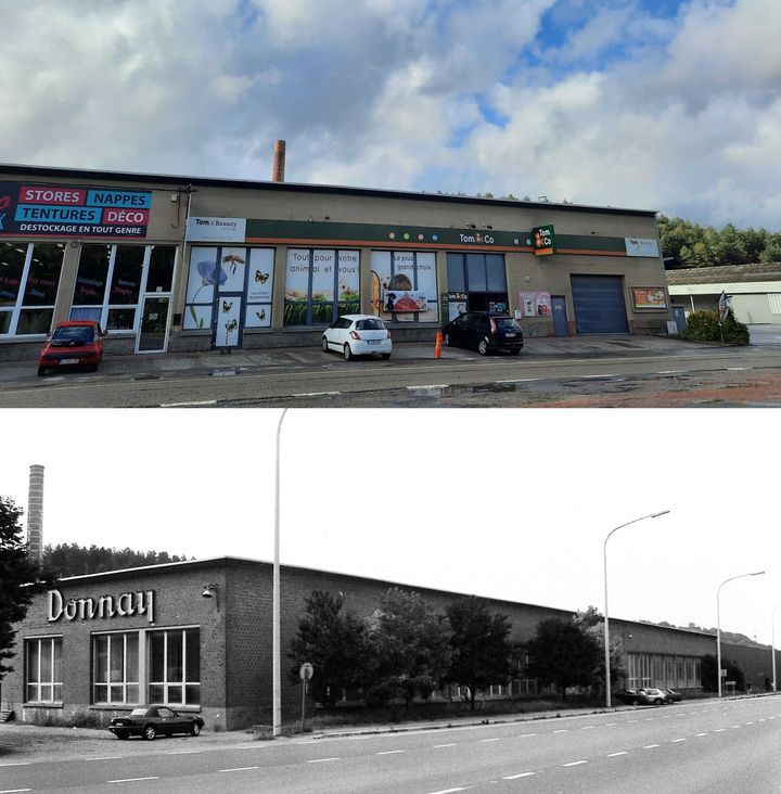 En bas, l'entrée principale de l'usine Donnay à Couvin (Belgique) à la fin des années 1980. En haut, la façade du magasin d'alimentation animale construit à la place.&nbsp; (RAPHAEL GODET / FRANCEINFO / BERNARD THEIS / COLLECTION PRIVEE)