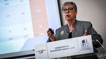 Marie-France Monéger, la patronne de l'IGPN lors d'une conférence de presse à Paris, le 26 juin 2018. (STEPHANE DE SAKUTIN / AFP)