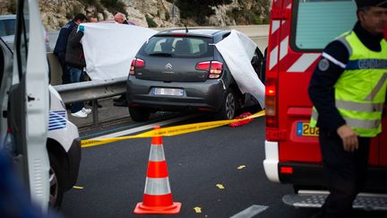 La police enqu&ecirc;te sur l'A7, o&ugrave; un conducteur a &eacute;t&eacute; tu&eacute; pr&egrave;s de Lan&ccedil;on-de-Provence (Bouches-du-Rh&ocirc;ne), lundi 24 mars 2014. (BERTRAND LANGLOIS / AFP)