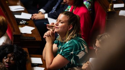 Mathilde Panot, cheffe de file des députés insoumis et membre du Nouveau Front populaire, à l'Assemblée nationale pour l'élection du président de l'hémicycle, jeudi 18 juillet. (TELMO PINTO / NURPHOTO)