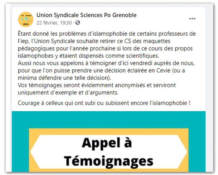 Appel à témoignage lancé sur Facebook par l’Union syndicale Sciences Po Grenoble. (CAPTURE D'ÉCRAN FACEBOOK)