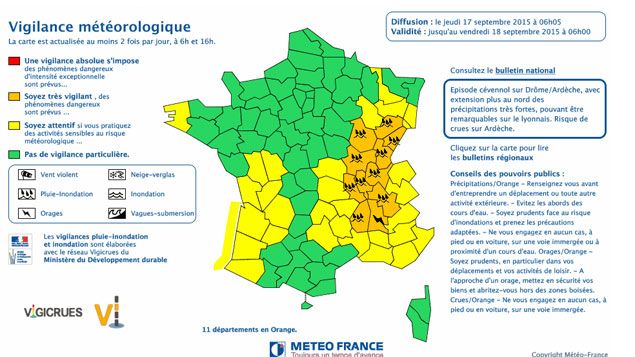 &nbsp; (11 départements en vigilance orange © capture d'écran Météo France)