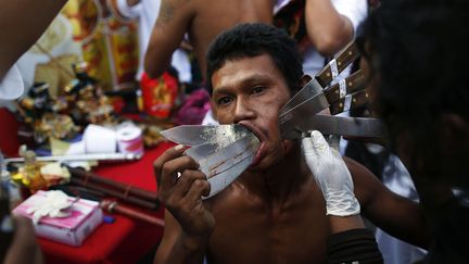 Et si ces comportements barbares semblent tr&egrave;s &eacute;loign&eacute;s du v&eacute;g&eacute;tarisme, c'est parce qu'ils sont surtout destin&eacute;s &agrave; remercier les dieux en expiant de cette fa&ccedil;on ses p&ecirc;ch&eacute;s. (DAMIR SAGOLJ / REUTERS)