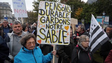 Manifestation contre l'extraction de sable en baie de Lannion (Finistère), le 17 octobre 2015. (FRED TANNEAU / AFP)