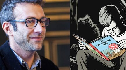 Stéphane Beaujean, directeur artistique du festival international de la bande dessinée d'Angoulêmeet et l'affiche de la 47e édition, dessinée par Charles Burns (Yohan BONNET / AFP)