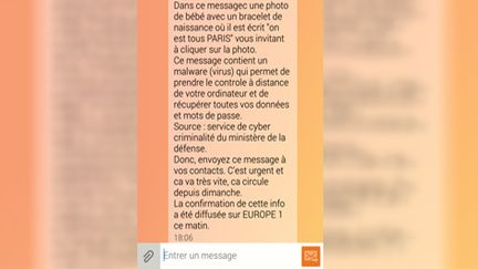 Capture d'écran d'un canular&nbsp;reçu par texto, le 16 novembre 2015.&nbsp; (JULIE RASPLUS / FRANCETV INFO)