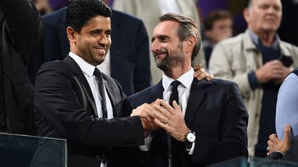 Le président du PSG, Nasser Al-Khelaïfi, et le directeur général du club, Jean-Claude Blanc. (FRANCK FIFE / AFP)