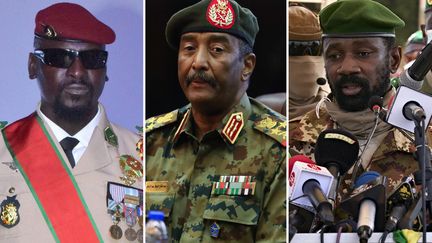 Le Colonel Mamady Doumbouya (Guinée), le Général Abdel Fattah Al Burhan (Soudan) et&nbsp;le&nbsp;Colonel Assimi Goita (Mali) ont renversé des régimes civils ces derniers mois. (AFP (MONTAGE FTV))