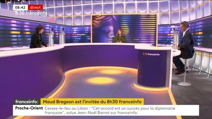 Maud Bregeon, porte-parole du gouvernement, était l’invitée du “8h30 franceinfo", mercredi 27 novembre 2024. (RADIO FRANCE/FRANCEINFO)